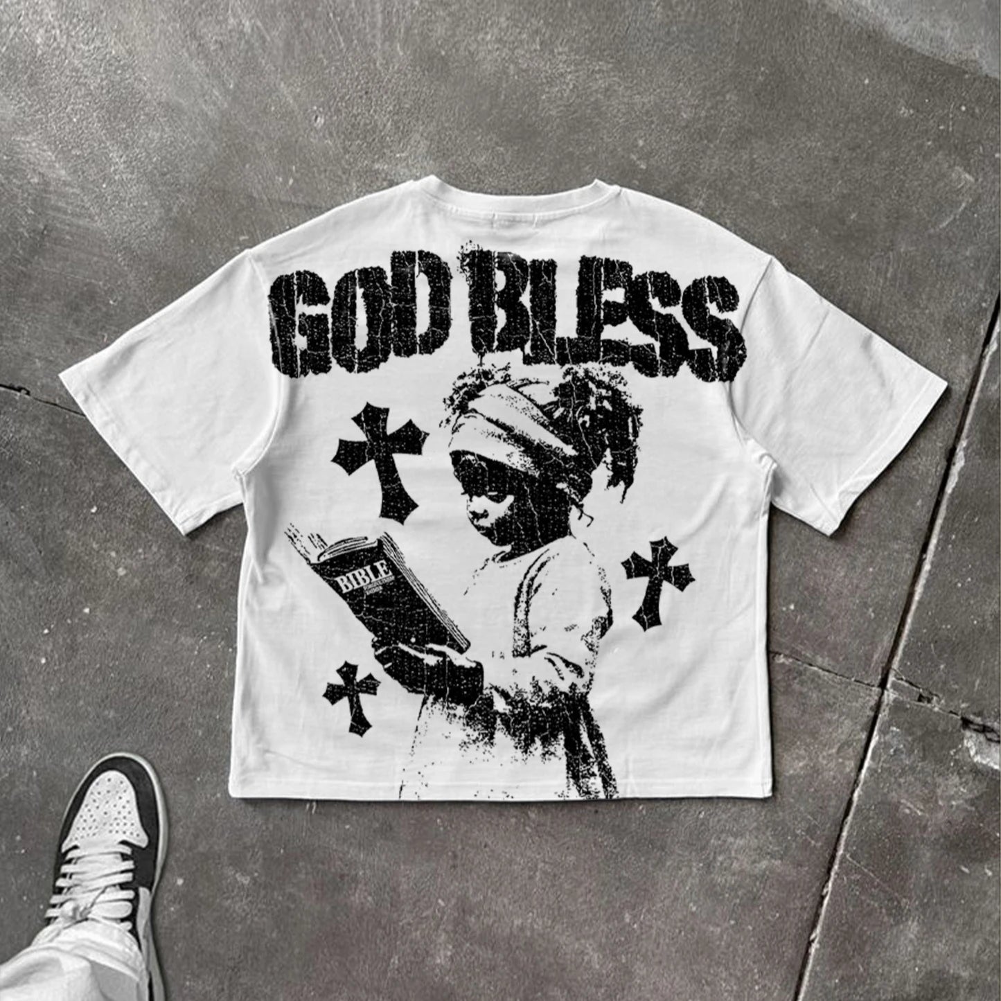 Vintage God Bless Children's Prayer Graphic Cotton T-shirt
